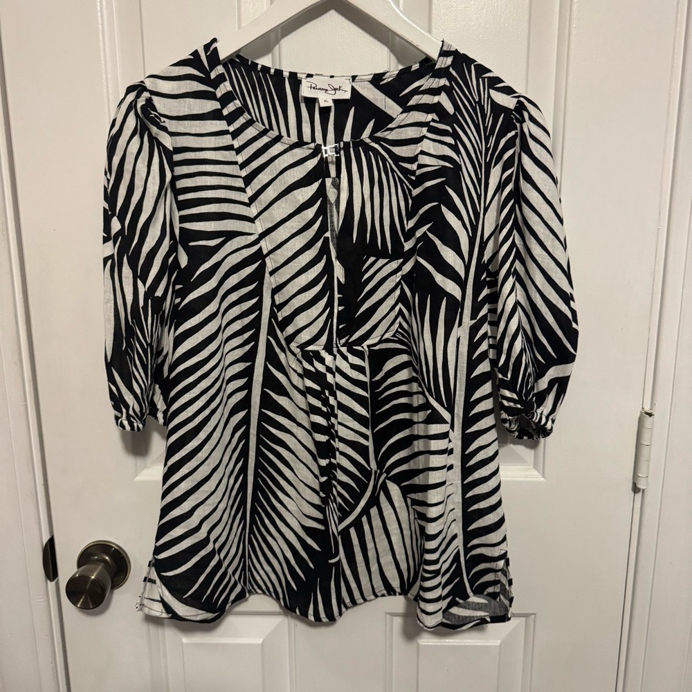 Panama Jack | Black & White Palm-Leaf Linen Blend Blouse